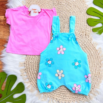  Conj. Blusa e Jardineira Gatinhas - Rosa Pink e Azul Bebê